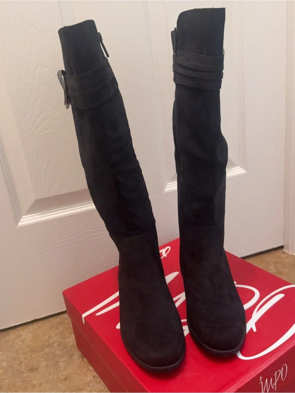 Impo Bayla Black Knee-High Suede Boots with Decorative Buckle Size:US 6